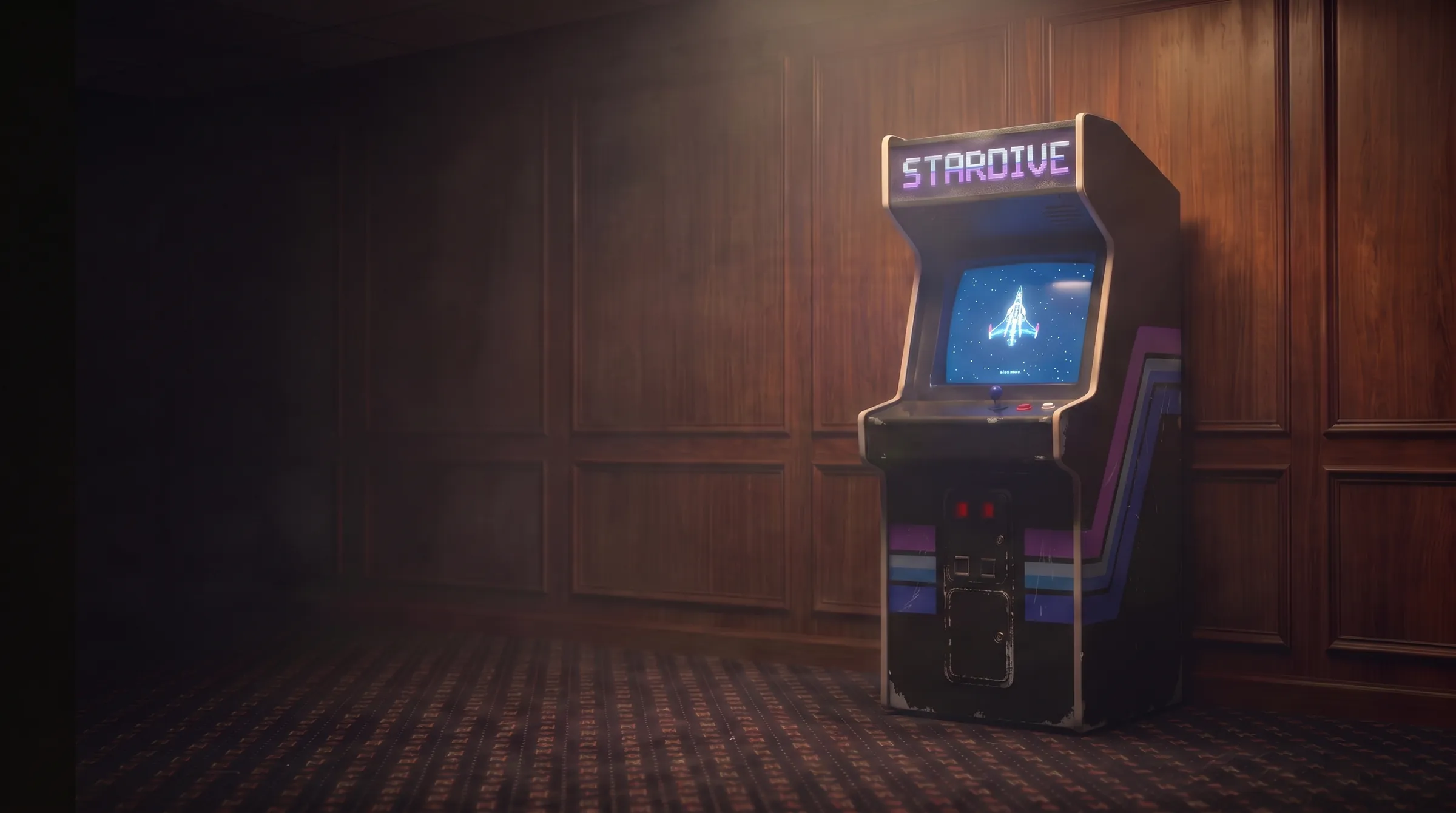 A dim arcade in 1981. One machine is on: STARDIVE.